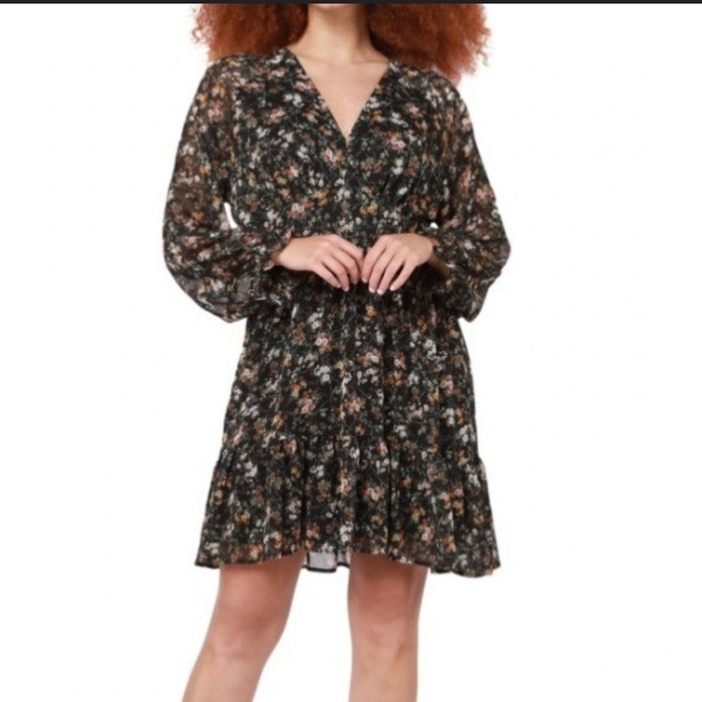 Black Tape Floral Mini Dress Womens Sm Black V-Neck Long Sleeve Boho Cottagecore